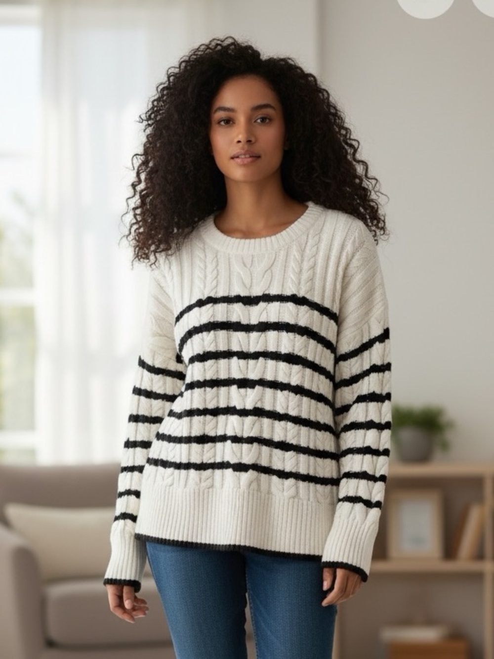 Philosophy Cream Cable Knit Sweater with Black Stripes M